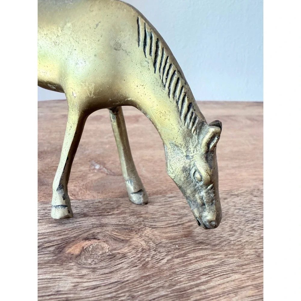 Vintage Solid Brass Grazing Horse Figurine Equestrian Decor 5.25 Inch